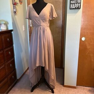 NWOT beige chiffon high low bridesmaid dress size 10 lace up back flutter sleeve